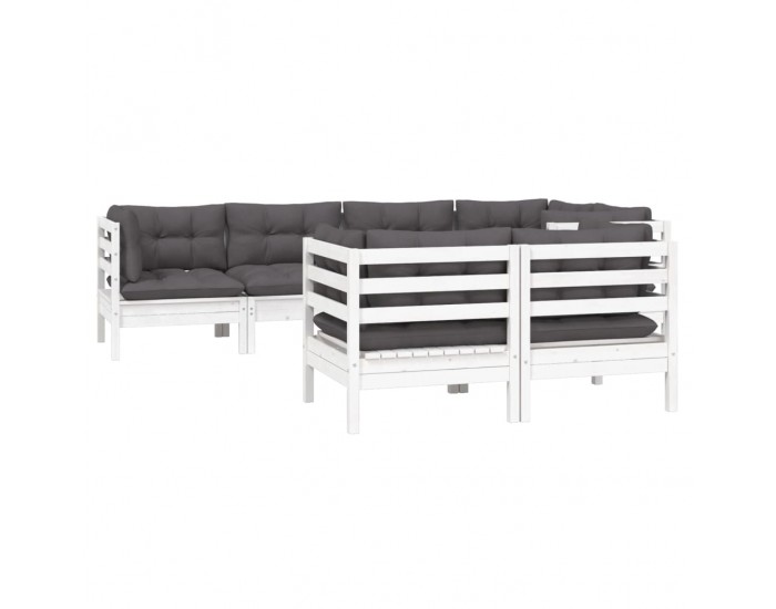 Sonata Set mobilier grădină cu perne, 7 piese, alb, lemn masiv de pin