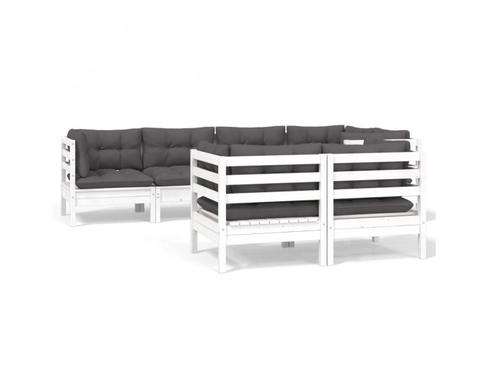 Sonata Set mobilier grădină cu perne, 7 piese, alb, lemn masiv de pin