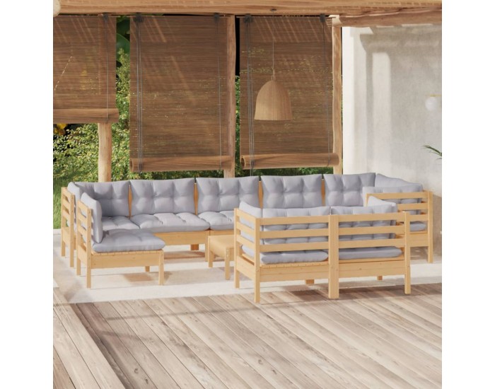 Sonata Set mobilier grădină cu perne, 10 piese, gri, lemn masiv pin