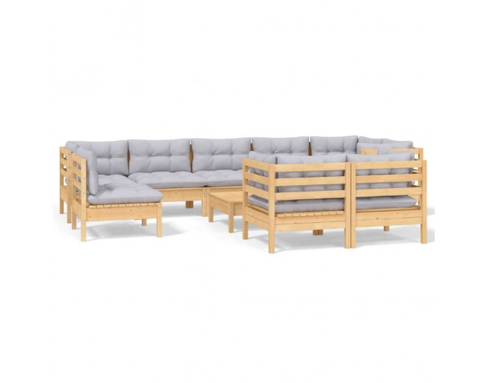 Sonata Set mobilier grădină cu perne, 10 piese, gri, lemn masiv pin