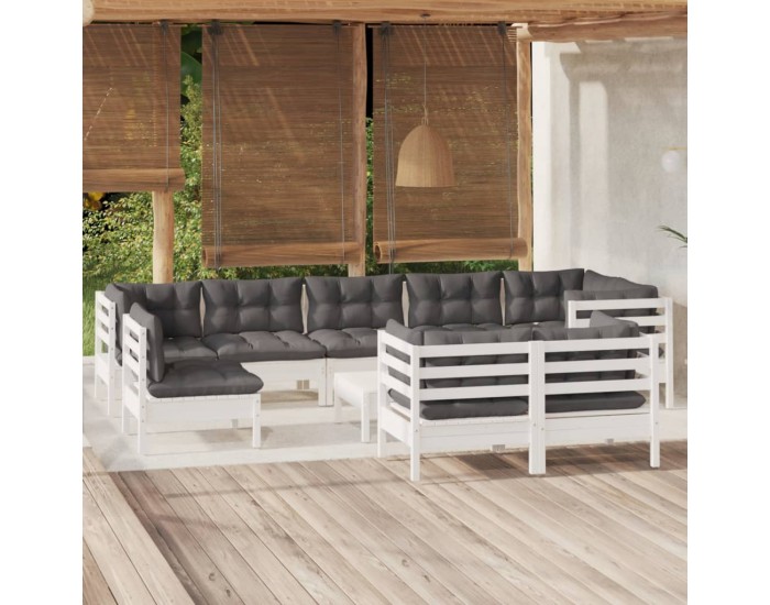 Sonata Set mobilier grădină cu perne, 10 piese, alb, lemn masiv pin
