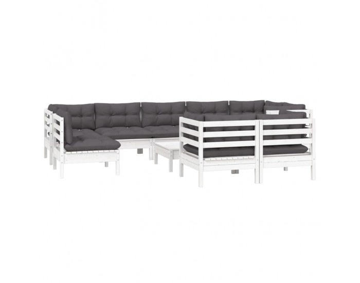 Sonata Set mobilier grădină cu perne, 10 piese, alb, lemn masiv pin