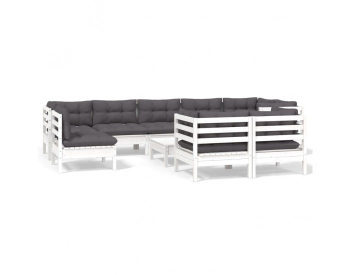 Sonata Set mobilier grădină cu perne, 10 piese, alb, lemn masiv pin