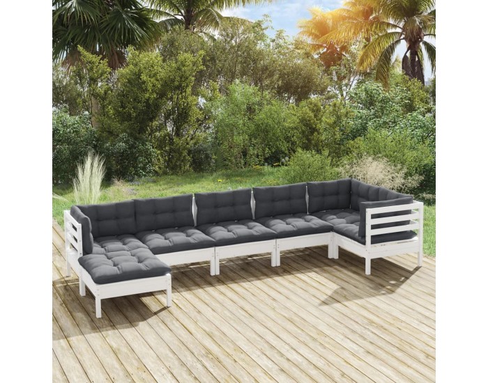 Sonata Set mobilier de grădină cu perne, 7 piese, alb, lemn masiv pin