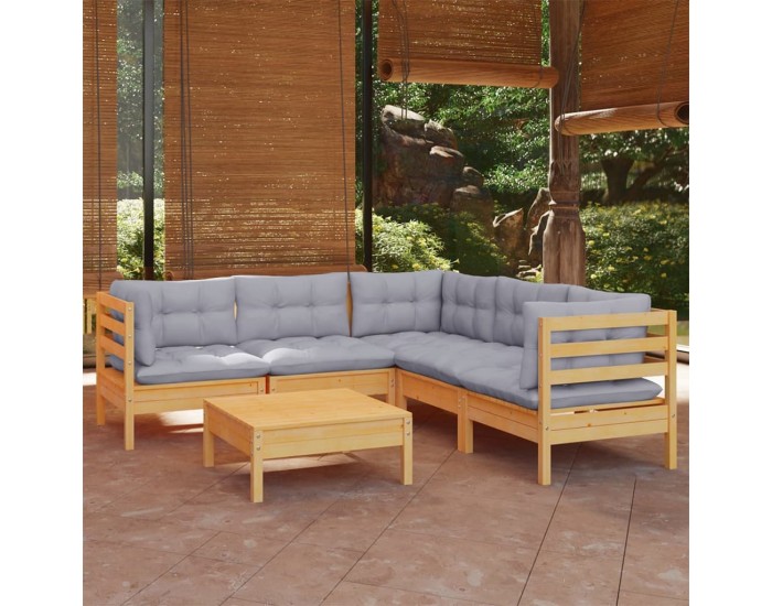 Sonata Set mobilier grădină cu perne gri, 6 piese, lemn de pin