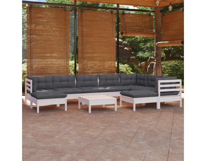 Sonata Set mobilier grădină cu perne, 10 piese, alb, lemn masiv pin