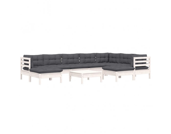 Sonata Set mobilier grădină cu perne, 10 piese, alb, lemn masiv pin