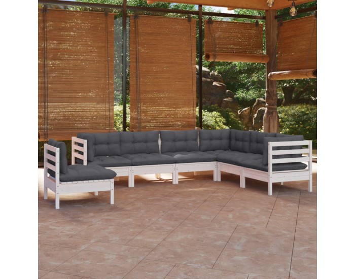 Sonata Set mobilier grădină cu perne, 7 piese, alb, lemn masiv de pin