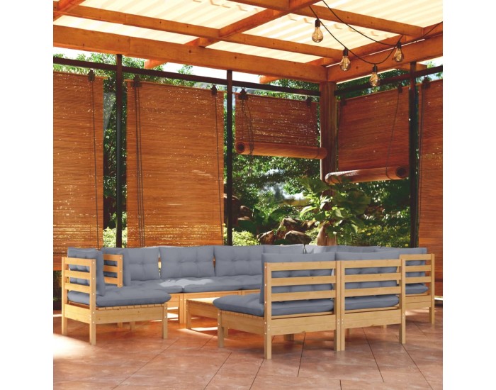 Sonata Set mobilier grădină cu perne, 10 piese, gri, lemn masiv pin