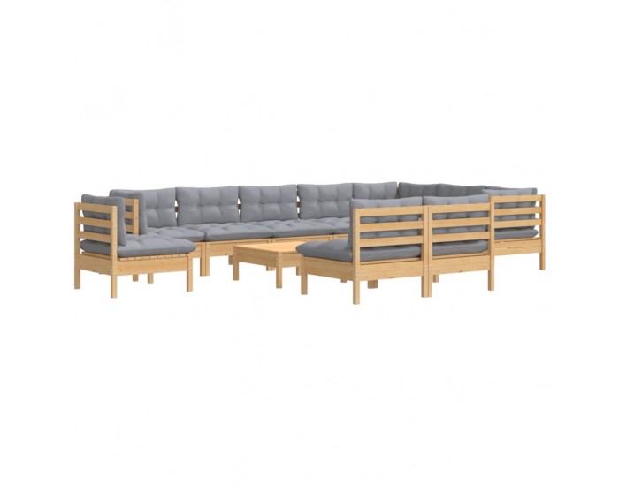 Sonata Set mobilier de grădină cu perne, 11 piese, gri, lemn masiv pin