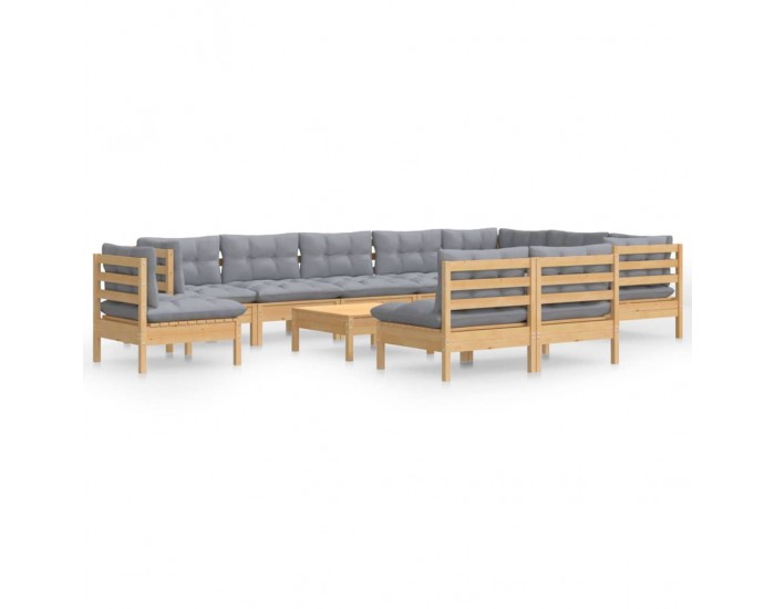 Sonata Set mobilier de grădină cu perne, 11 piese, gri, lemn masiv pin
