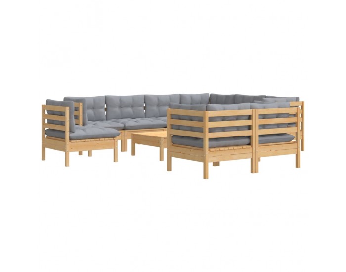 Sonata Set mobilier grădină cu perne, 10 piese, gri, lemn masiv pin
