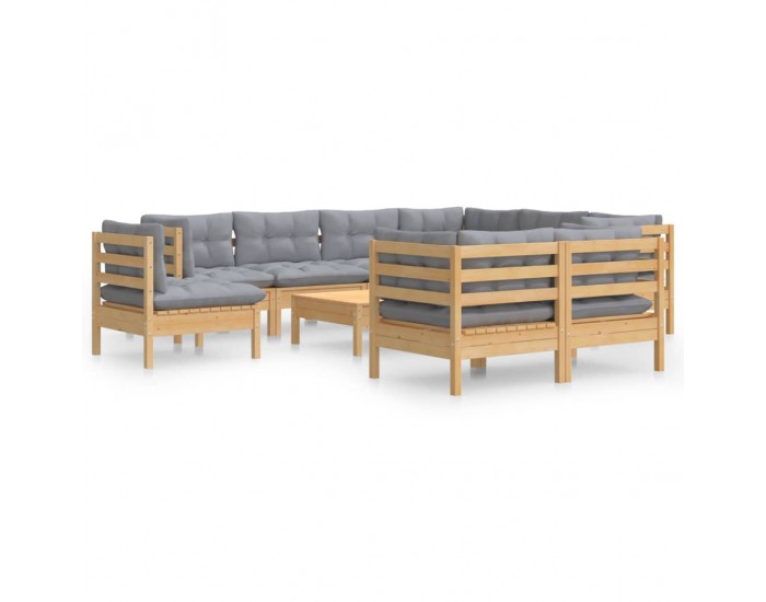 Sonata Set mobilier grădină cu perne, 10 piese, gri, lemn masiv pin