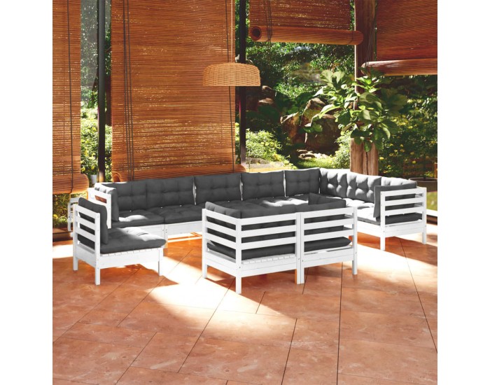 Sonata Set mobilier grădină cu perne, 10 piese, alb, lemn masiv de pin