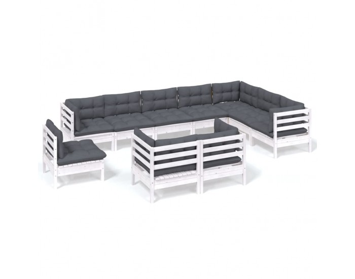 Sonata Set mobilier grădină cu perne, 10 piese, alb, lemn masiv de pin
