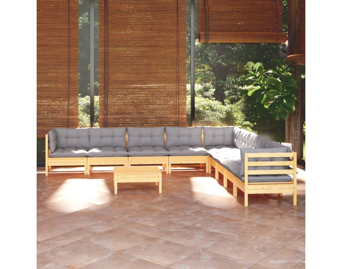 Sonata Set mobilier grădină cu perne, 10 piese, gri, lemn masiv pin