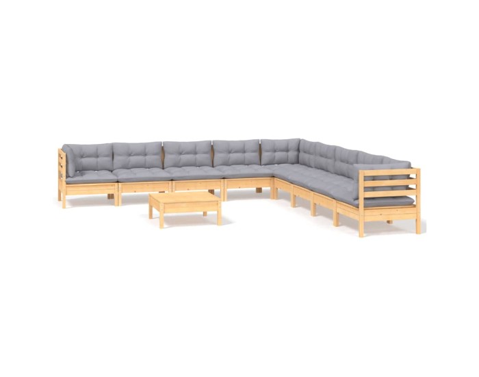 Sonata Set mobilier grădină cu perne, 10 piese, gri, lemn masiv pin