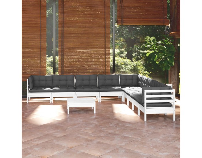 Sonata Set mobilier grădină cu perne, 10 piese, alb, lemn masiv pin