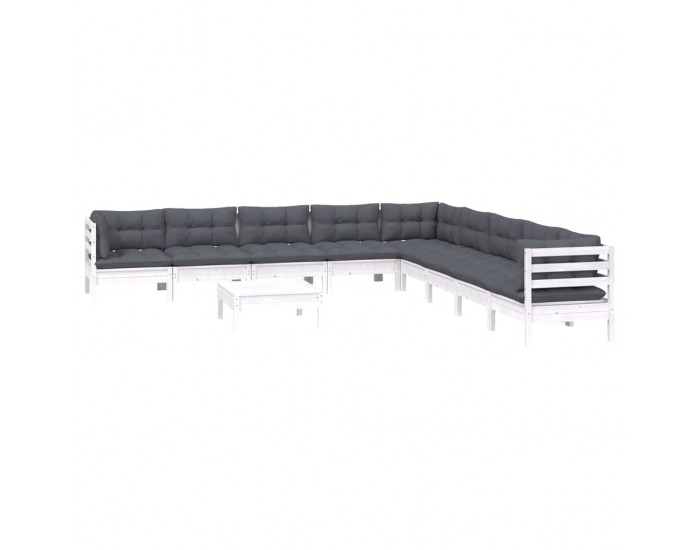 Sonata Set mobilier grădină cu perne, 10 piese, alb, lemn masiv pin