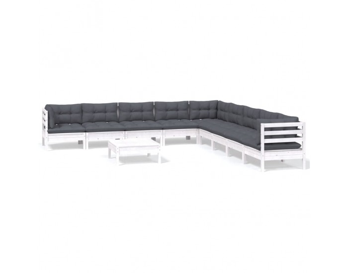 Sonata Set mobilier grădină cu perne, 10 piese, alb, lemn masiv pin