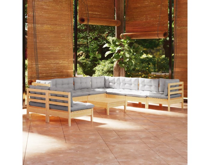 Sonata Set mobilier grădină cu perne, 10 piese, gri, lemn masiv pin