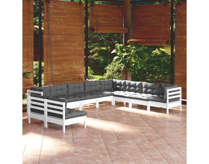 Sonata Set mobilier grădină cu perne, 10 piese, alb, lemn masiv pin