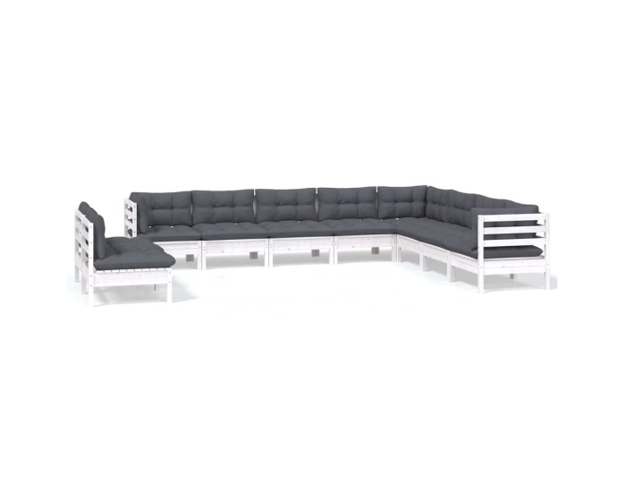 Sonata Set mobilier grădină cu perne, 10 piese, alb, lemn masiv pin