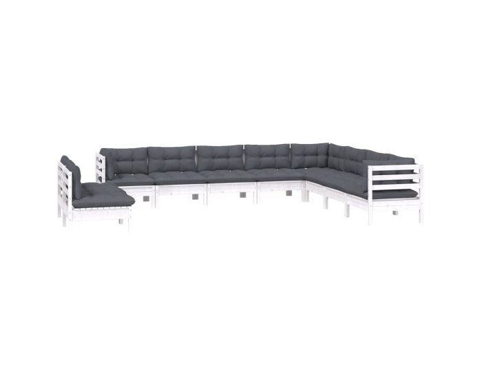 Sonata Set mobilier grădină cu perne, 10 piese, alb, lemn masiv pin
