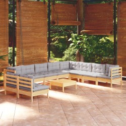 Sonata Set mobilier de grădină cu perne, 11 piese, gri, lemn masiv pin