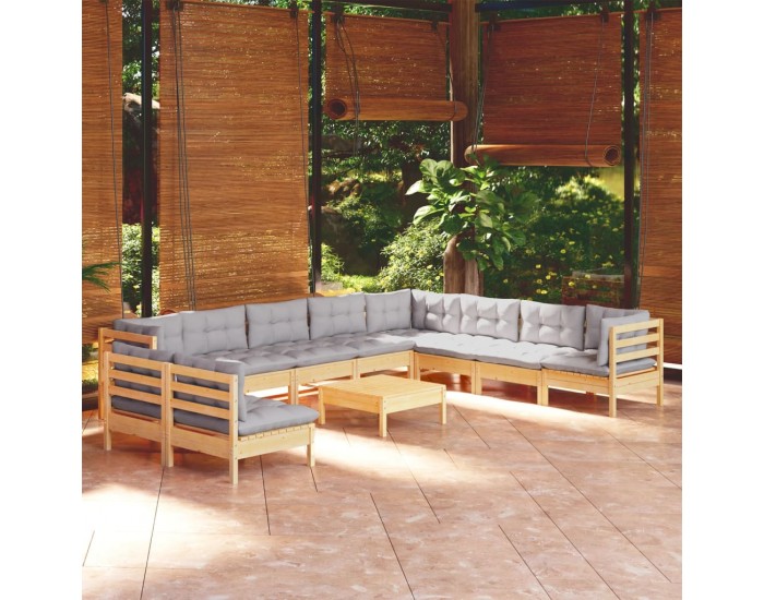 Sonata Set mobilier de grădină cu perne, 11 piese, gri, lemn masiv pin
