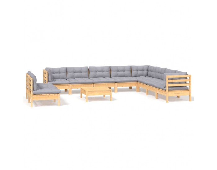 Sonata Set mobilier de grădină cu perne, 11 piese, gri, lemn masiv pin