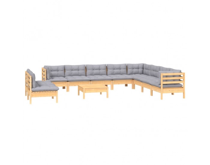 Sonata Set mobilier de grădină cu perne, 11 piese, gri, lemn masiv pin