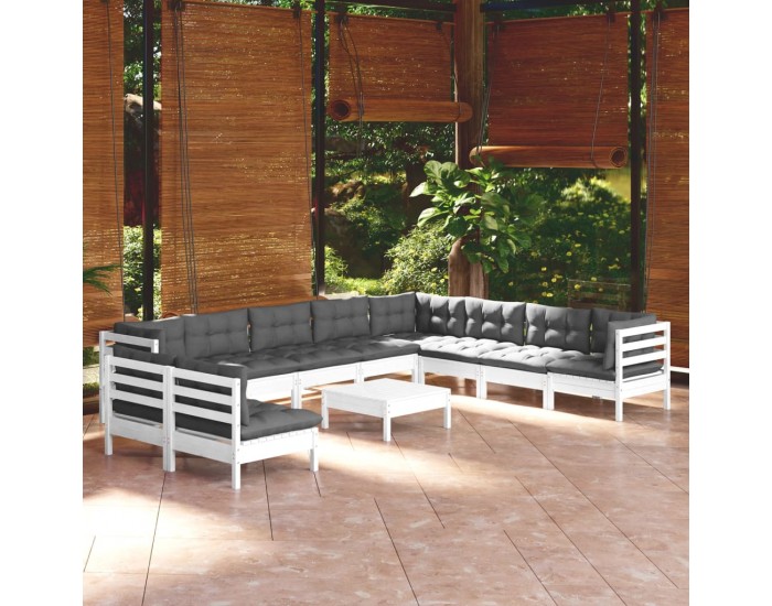 Sonata Set mobilier grădină cu perne, 11 piese, alb, lemn masiv pin