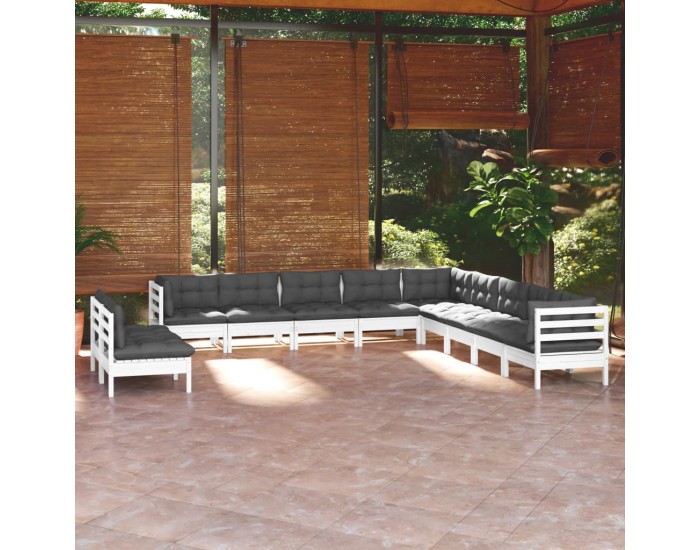 Sonata Set mobilier grădină cu perne, 11 piese, alb, lemn masiv pin