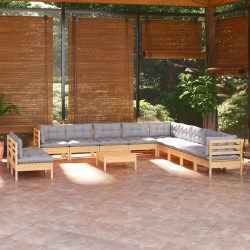Sonata Set mobilier de grădină cu perne, 12 piese, gri, lemn masiv pin