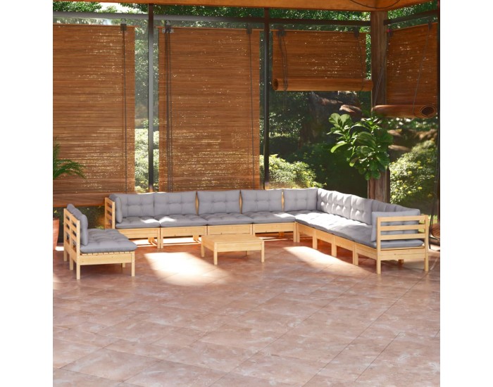 Sonata Set mobilier de grădină cu perne, 12 piese, gri, lemn masiv pin