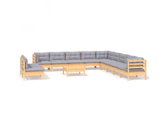 Sonata Set mobilier de grădină cu perne, 12 piese, gri, lemn masiv pin
