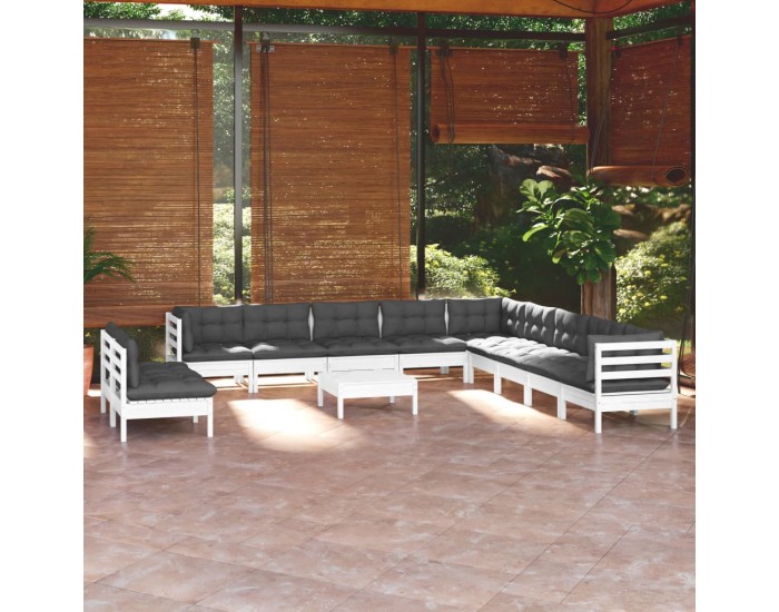 Sonata Set mobilier grădină cu perne, 12 piese, alb, lemn masiv pin