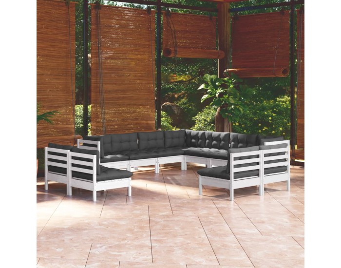 Sonata Set mobilier grădină cu perne, 11 piese, alb, lemn masiv pin