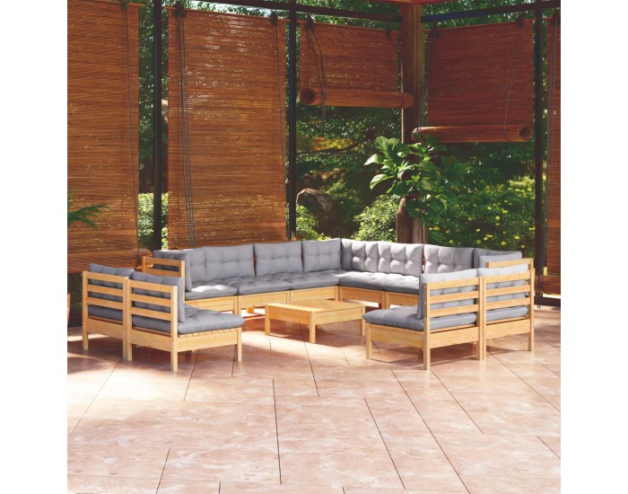 Sonata Set mobilier de grădină cu perne, 12 piese, gri, lemn masiv pin