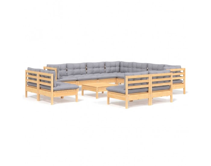 Sonata Set mobilier de grădină cu perne, 12 piese, gri, lemn masiv pin