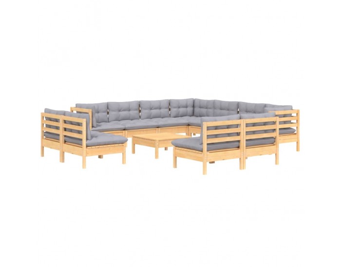 Sonata Set mobilier de grădină cu perne, 12 piese, gri, lemn masiv pin