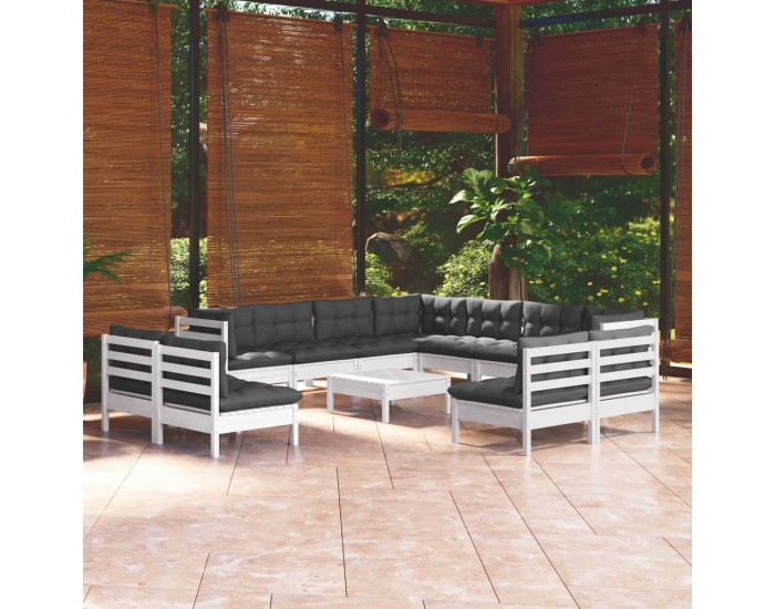 Sonata Set mobilier grădină cu perne, 12 piese, alb, lemn masiv pin