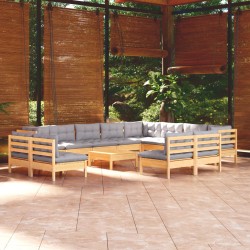 Sonata Set mobilier grădină cu perne, 13 piese, gri, lemn masiv pin