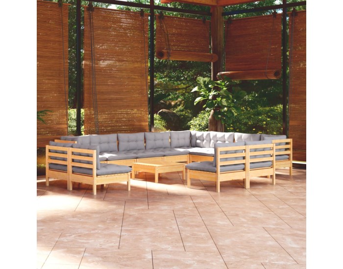 Sonata Set mobilier grădină cu perne, 13 piese, gri, lemn masiv pin