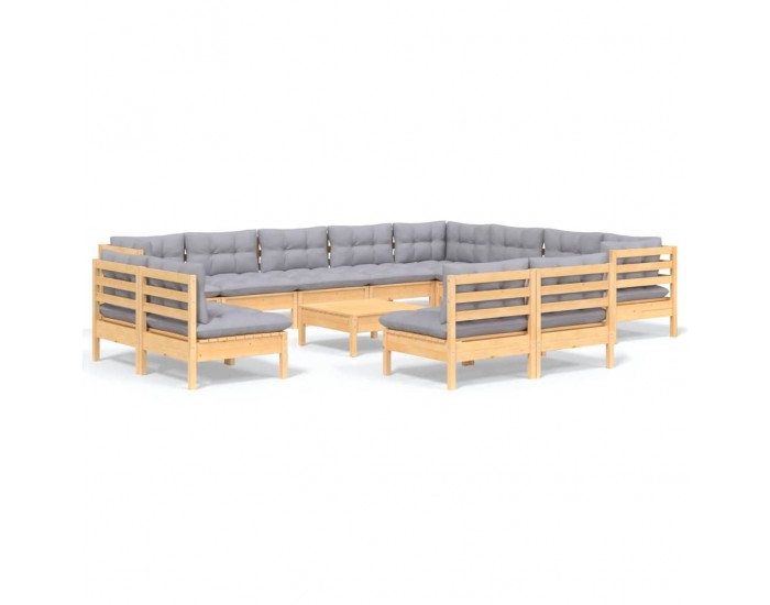 Sonata Set mobilier grădină cu perne, 13 piese, gri, lemn masiv pin