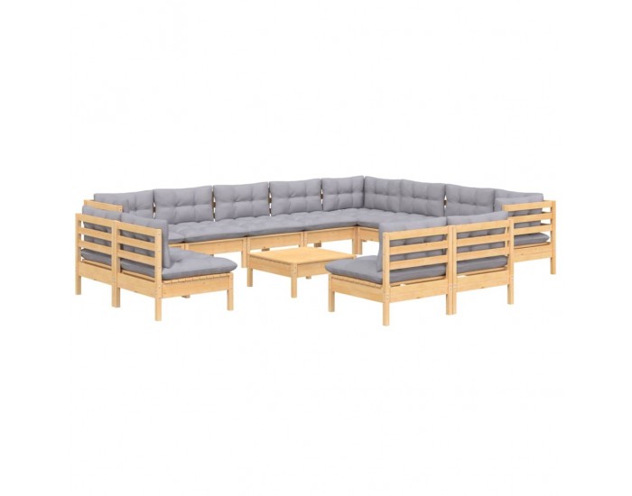 Sonata Set mobilier grădină cu perne, 13 piese, gri, lemn masiv pin