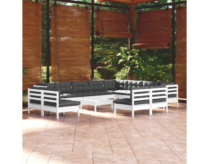 Sonata Set mobilier grădină cu perne, 13 piese, alb, lemn masiv pin