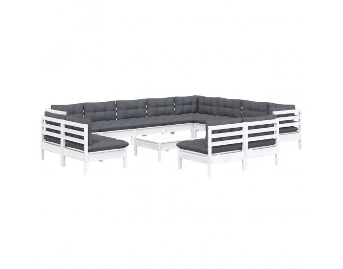 Sonata Set mobilier grădină cu perne, 13 piese, alb, lemn masiv pin