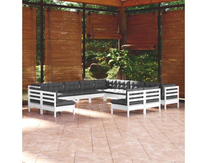 Sonata Set mobilier de grădină cu perne, 13 piese, alb, lemn masiv pin
